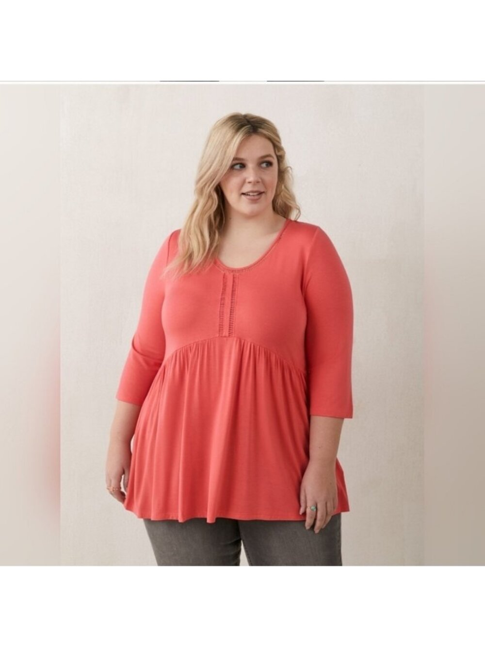 Penningtons Pink Babydoll Top 3/4 Sleeves Stretchy Jersey Knit Casual Size 1X